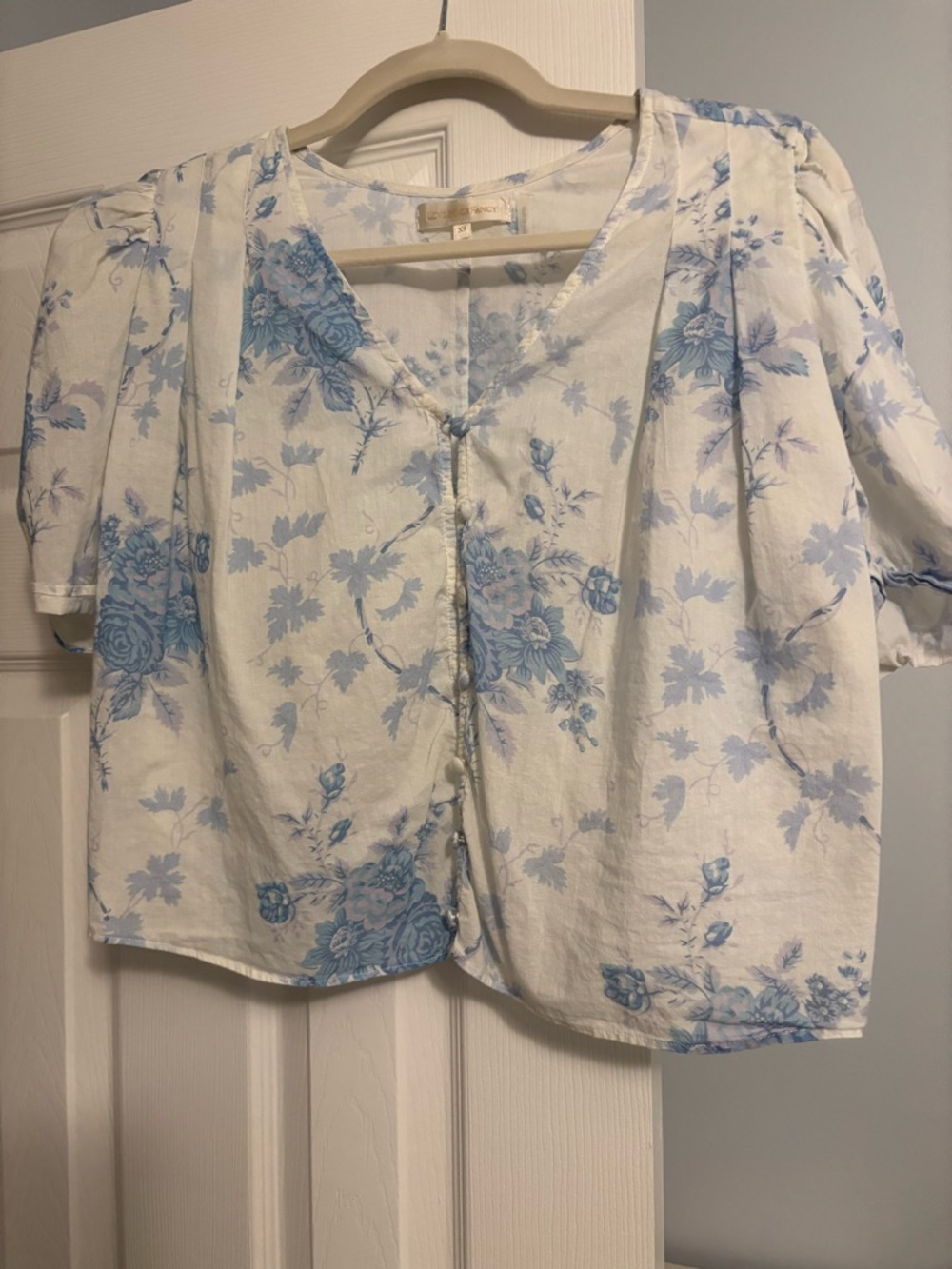 LoveShackFancy White Blouse with Light Blue Floral Print